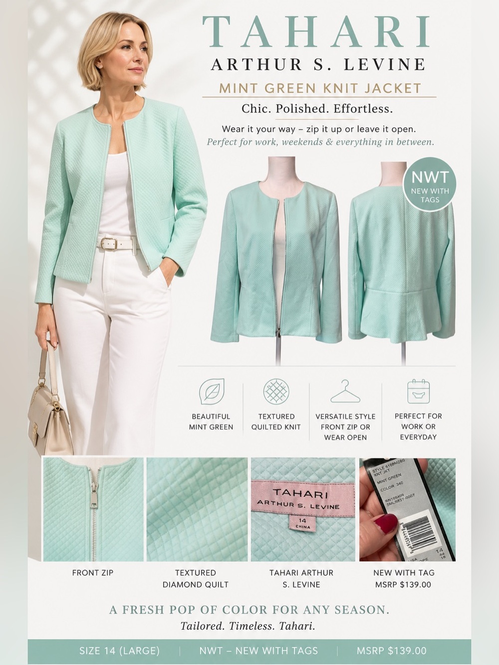 Tahari Arthur S Levine Mint Green Textured Zip Jacket NWT Size 14